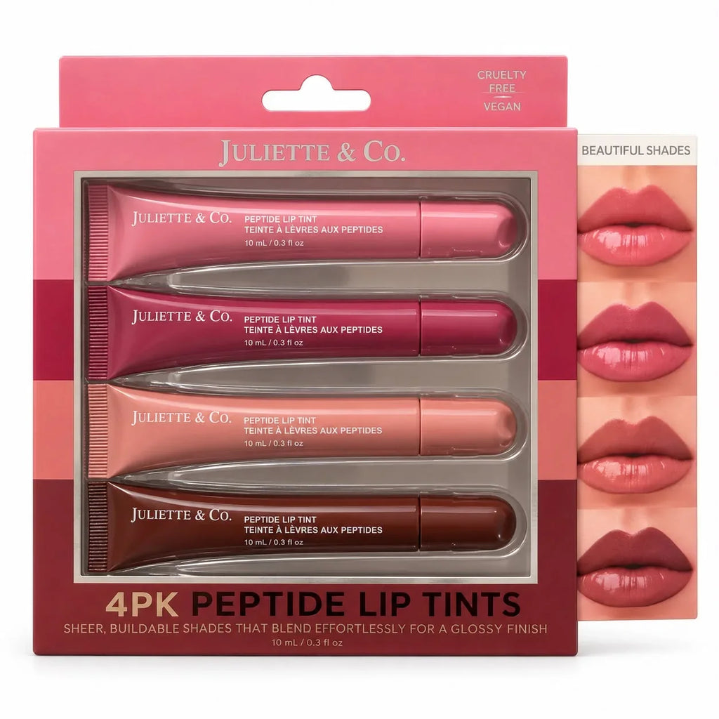 Juliette & Co. 4-Pack Peptide Lip Tints in pink, berry, nude, and brown shades