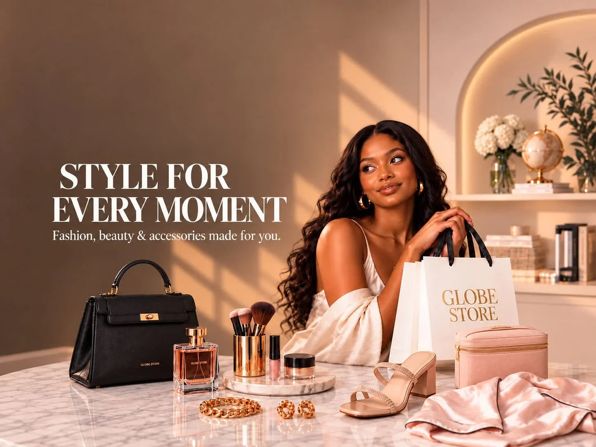 Globe Store homepage banner featuring a woman with fashion, beauty, and accessories.
