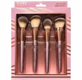 4-Piece Makeup Brush Set with rose gold handles and cream-and-gray bristles in pink packaging.