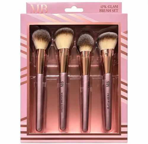 4-Piece Makeup Brush Set with rose gold handles and cream-and-gray bristles in pink packaging.