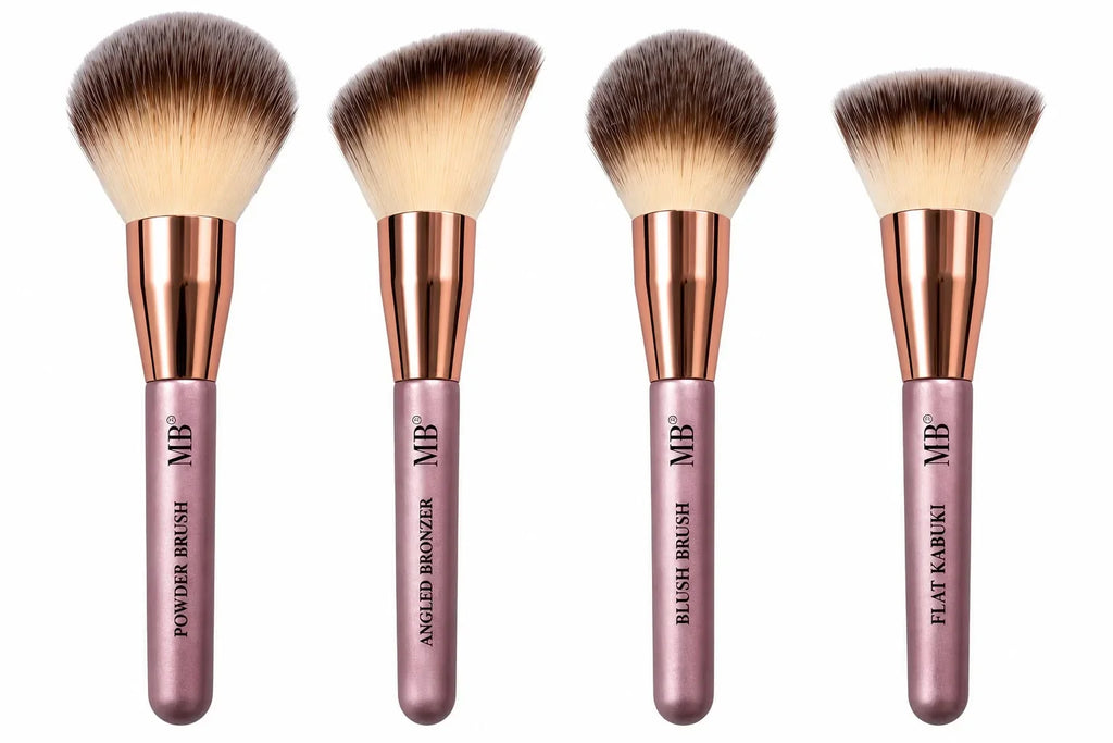 4-Piece Makeup Brush Set with rose gold handles and cream-and-gray bristles in pink packaging