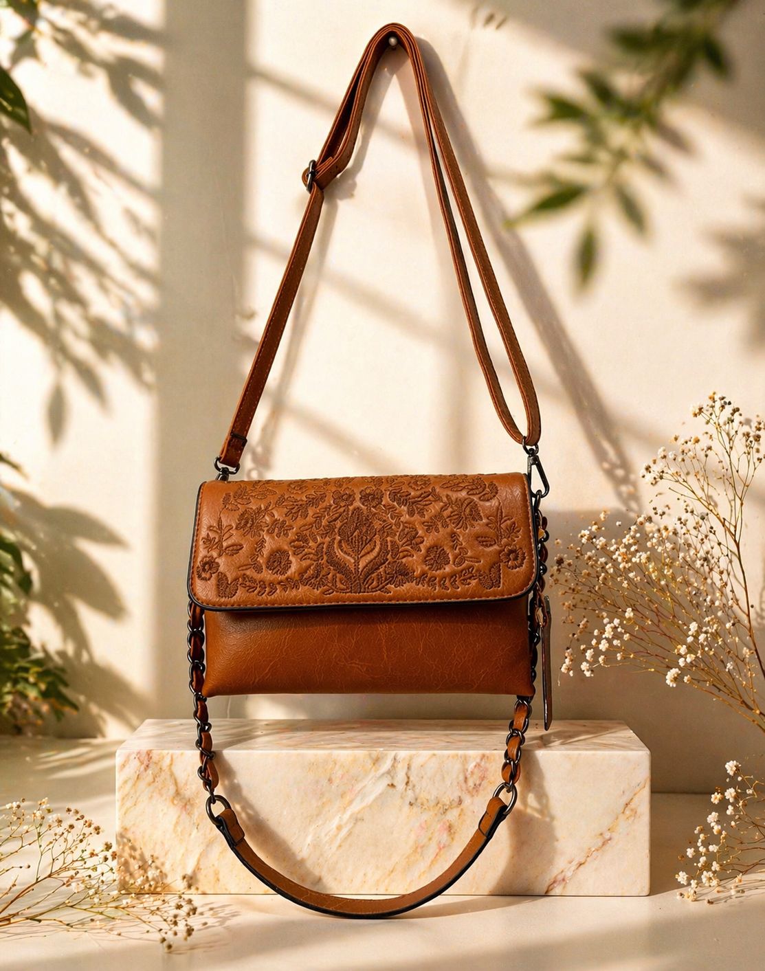 Elegant Brown Floral Crossbody Bag – Stylish Women’s Shoulder Purse
