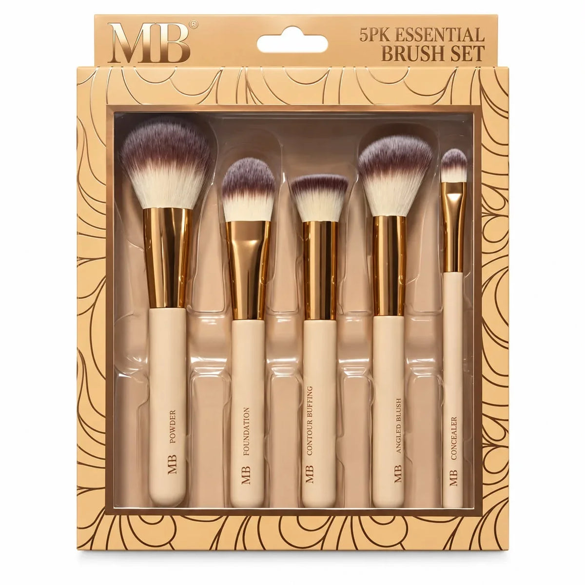 5-piece makeup brush set with cream handles, gold ferrules, and white to purple bristles.