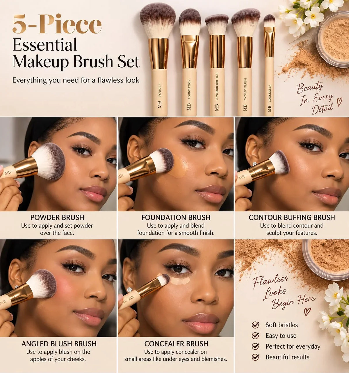 5-piece makeup brush set with cream handles, gold ferrules, and white to purple bristles.