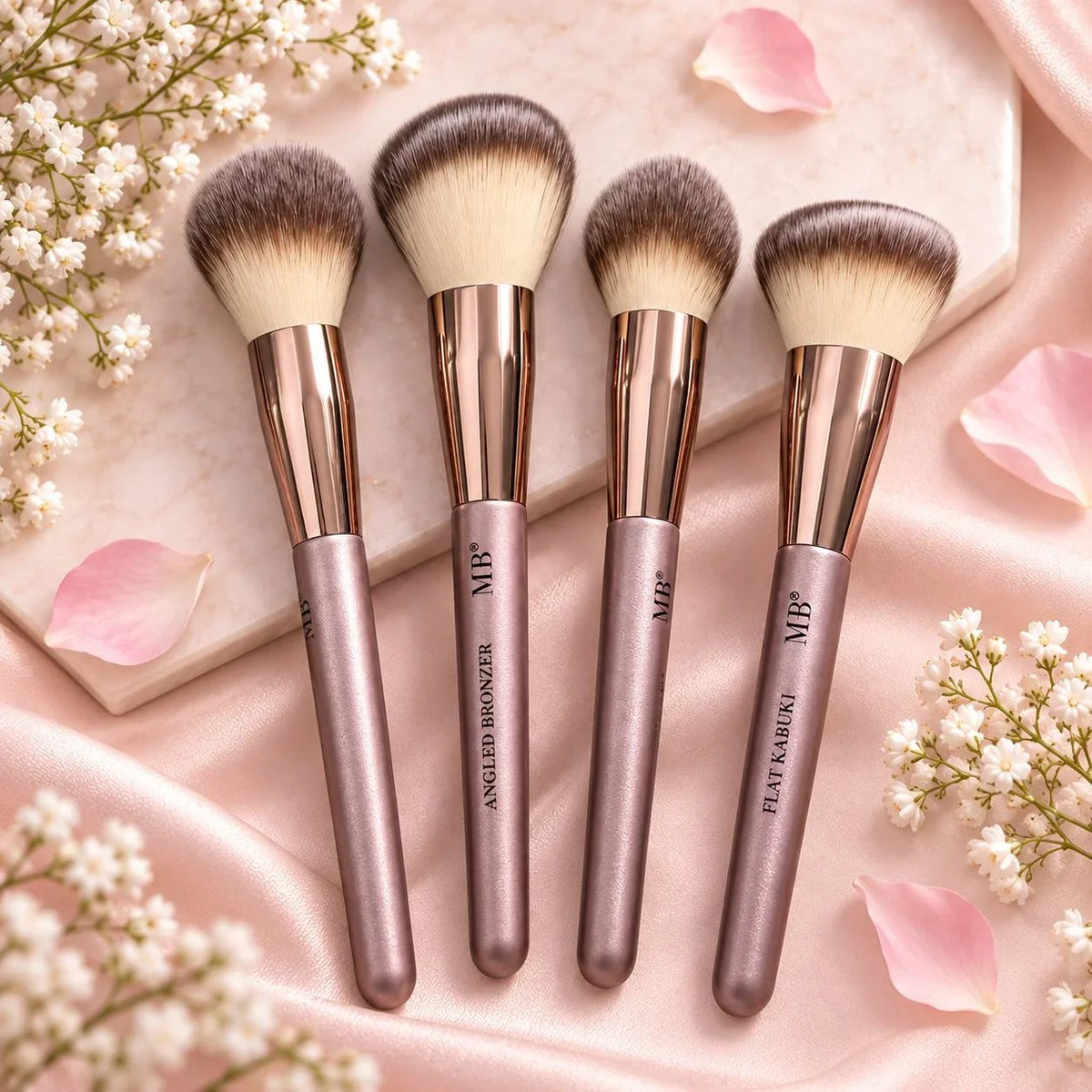 4 MB makeup brushes with rose gold ferrules and pink handles on a satin background.