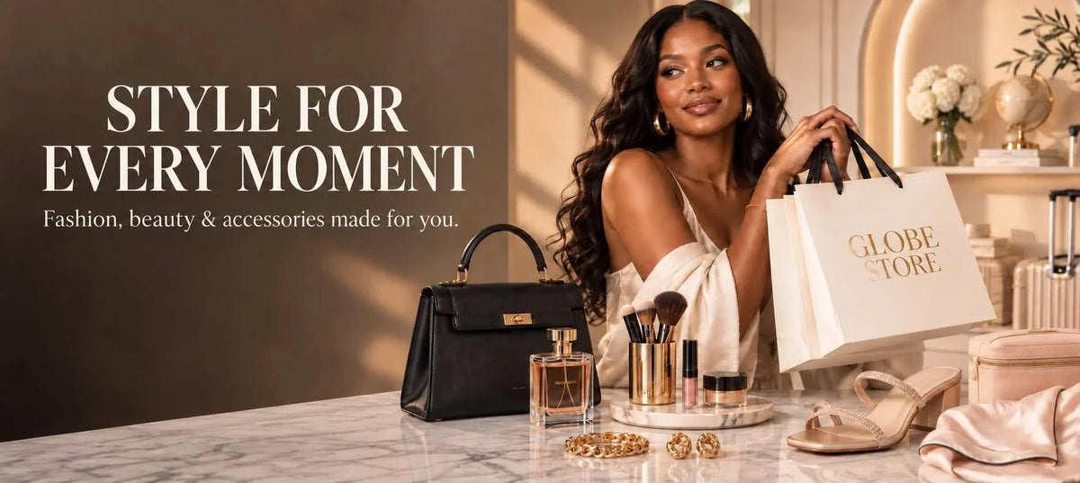 Woman with Globe Store shopping bag, luxury handbag, perfume, and makeup on marble table.