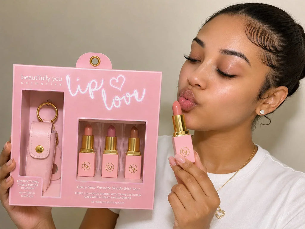 Pink lipstick set with keychain and pouch in 'beautifully you' packaging