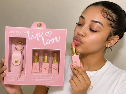 Pink lipstick set with keychain and pouch in 'beautifully you' packaging